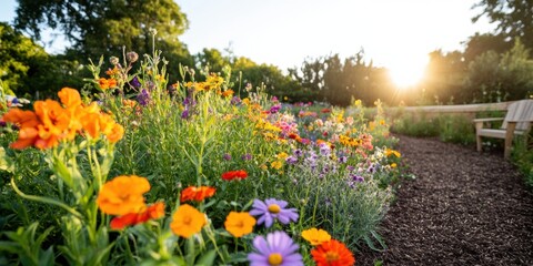 Obraz premium Regenerative Landscape Design Pollinator Paradise Garden with Sunrise Biodiversity - Eco-Friendly Wellness Sanctuary for Sustainable Urban Gardening Trends