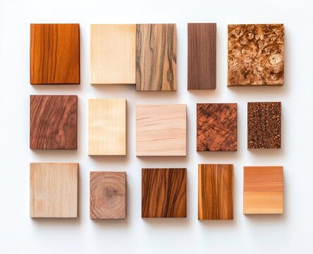 Wood samples in various shades and grains displayed on a white background.  Different types of wood, showcasing a variety of colors and patterns.  Perfect for design inspiration and selection