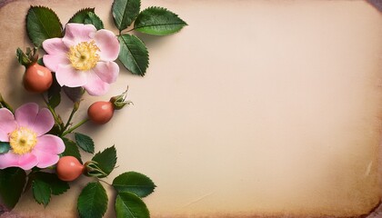 Wild Rose & Mint on Vintage Paper. Shabby chic design. Rustic, floral, delicate background