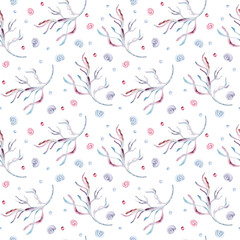 Hand painted seamless marine pattern with delicate coral, seaweed, bubbles and curl in pastel pink tones watercolor on white. Ocean flora repeat texture for fabric, backgrounds, scrapbooking.