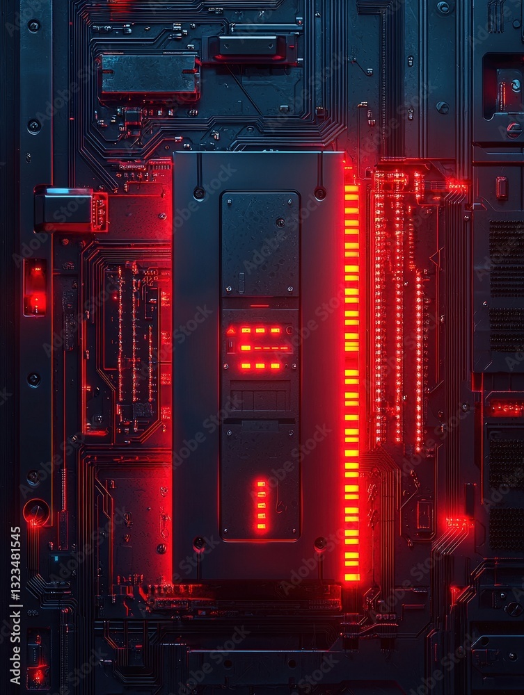 Poster computer system with striking red lights displaying activity and processing in a high-tech environme