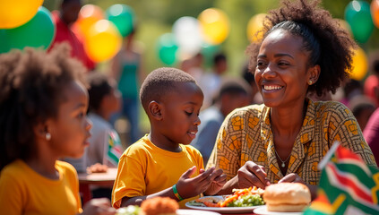 A Freedom Day of South Africa family gathering in a park, where mother and her childrens enjoy traditional South African food