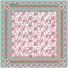 Obraz premium A decorative scarf, hand drawn dotted texture print pattern featuring intertwining red flowers and elegant borders in green and gold. ideal for textiles or wallpaper design.
