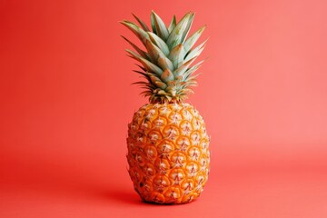 A single ripe pineapple stands against a vibrant red background