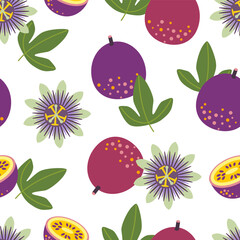 Passion Flowers and Fruits Seamless Pattern. Tropical Flowers and Fruits on White Background.