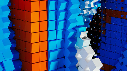 Abstract 3D technology background featuring a laptop with cubes