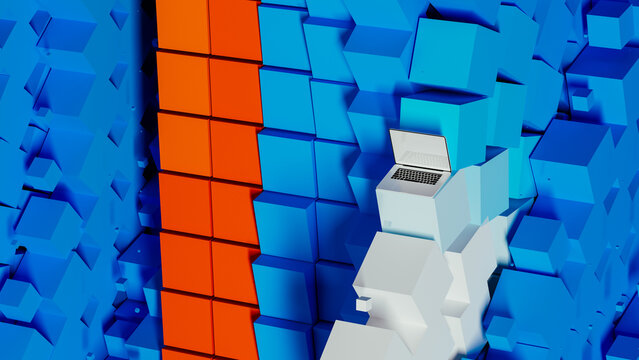 Abstract 3D technology background featuring a laptop with cubes