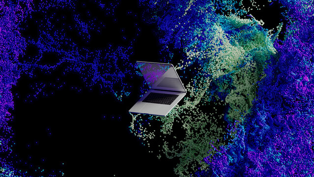 Modern laptop set against a vibrant abstract technological background