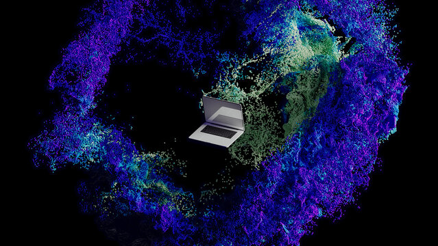 Modern laptop set against a vibrant abstract technological background
