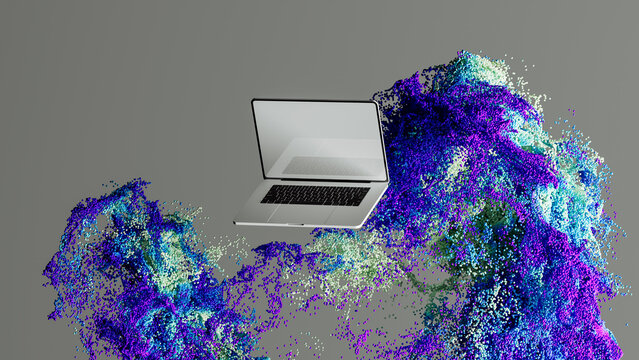 Modern laptop set against a vibrant abstract technological background