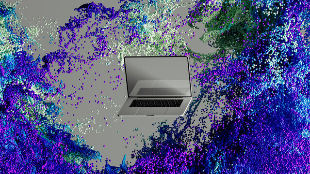 Modern laptop set against a vibrant abstract technological background