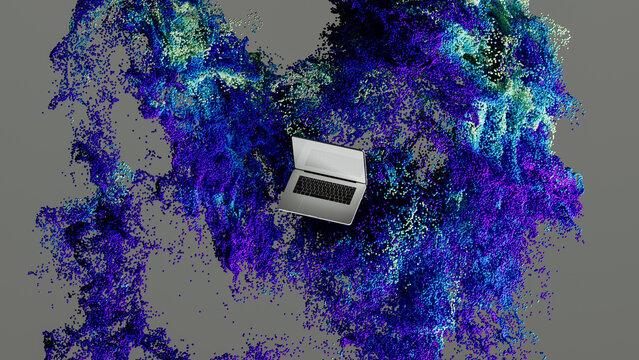 Modern laptop set against a vibrant abstract technological background