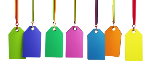 Vibrant colorful prince clothing tags with blank space for text, hanging, transparent background