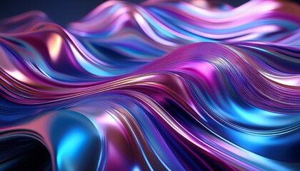 Naklejka premium Holographic rainbow waves with fluid metallic reflections shifting between pink, blue, and violet, creating a dynamic, mesmerizing effect