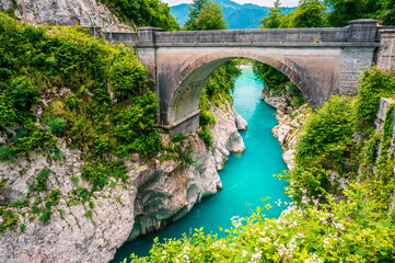 The Soča River in Kobarid. Immersion in nature.