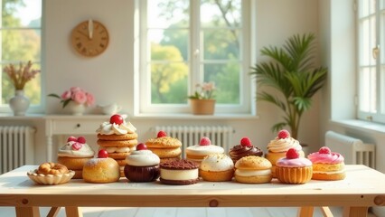 A delightful assortment of sweet pastries, elegantly arranged on a light wooden table, bathed in soft natural light from a nearby window, creates a tempting visual display of delicious baked goods.