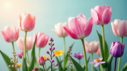 A vibrant spring garden showcasing delicate pink and purple tulips in full bloom, complemented by smaller wildflowers, bathed in soft sunlight against a serene pastel backdrop.