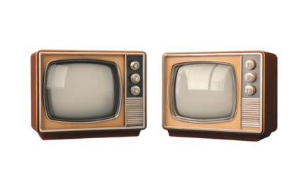 A pair of retro-style TV boxes, cut out and isolated on a transparent background, featuring large CRT screens, chrome details, and an old-fashioned design