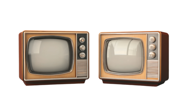 A pair of retro-style TV boxes, cut out and isolated on a transparent background, featuring large CRT screens, chrome details, and an old-fashioned design