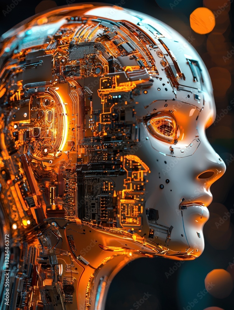 Poster a close-up view of a robot head displaying intricate details in design and advanced technology