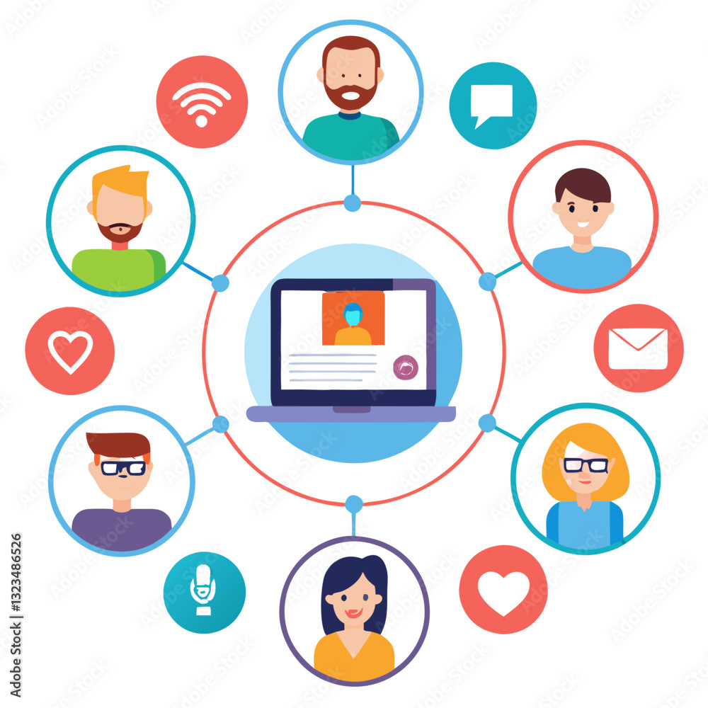 Poster Multiple users engage with a central device showcasing profiles and notifications, illustrating a network of digital communication and interaction