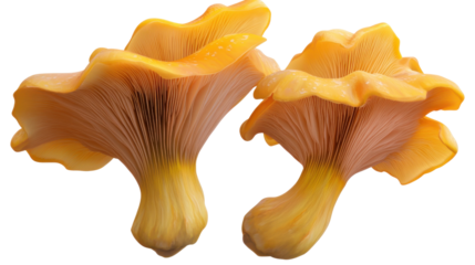 A pair of golden oyster mushrooms with radiant yellow caps, isolated on a transparent PNG, showing off their graceful and layered form.