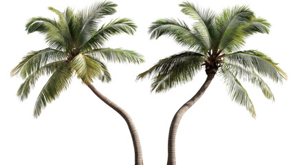 A pair of tropical palm trees, cut out and isolated on a transparent background, with one tree slightly leaning toward the other, creating a sense of balance.