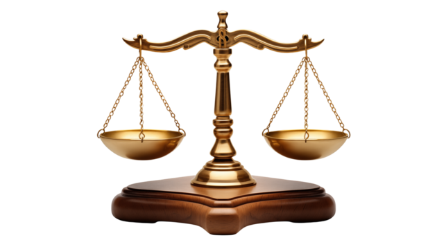 Golden Scales of Justice Law Balance and Equity Concept on transparent background.