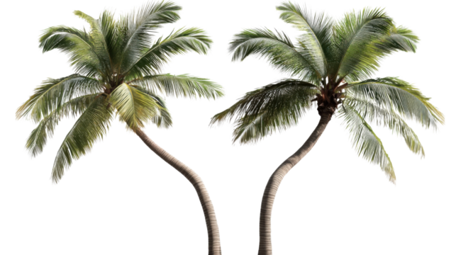 A pair of tropical palm trees, cut out and isolated on a transparent background, with one tree slightly leaning toward the other, creating a sense of balance.