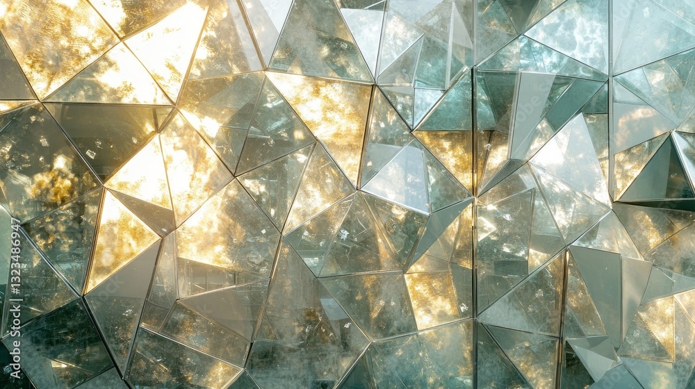 Poster Geometric shards of glass catch golden rays, creating a mesmerizing display of light and shadow, showcasing the beauty of contemporary design on a bright sunny day