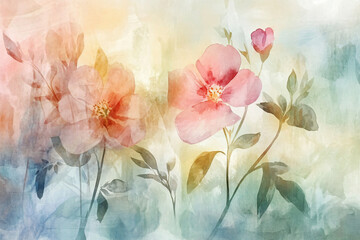Charming pink flowers on a blue background in a soft pastel watercolor painting style
