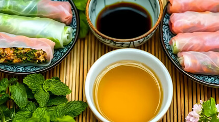 Colorful spring rolls with dipping sauces are displayed beautifully