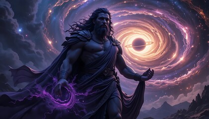 Obraz premium Majestic God Among the Cosmos: A Digital Painting of a Powerful Deity Contemplating a Celestial Vortex