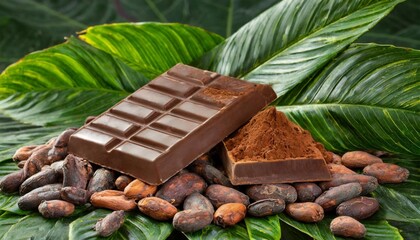 Cocoa beans and chocolate bars arranged on tropical leaves.