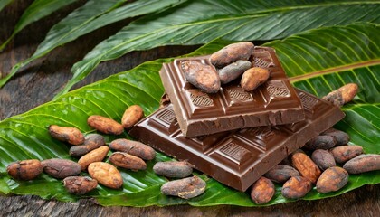 Cocoa beans and chocolate bars arranged on tropical leaves.