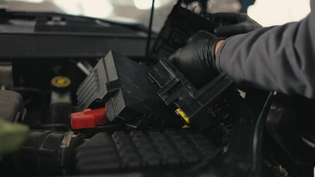 Skilled Auto Technician Checking And Replacing Fuse In Panel Of Bus In Automotive Service Center.Auto electrician at the station. Car engine under the hood.