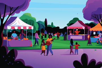 A vibrant community fundraiser in a sunny park, showcasing diverse stalls, happy people interacting, and cheerful atmosphere.