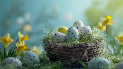 Colorful polka dot easter eggs in a nest surrounded by spring daffodils