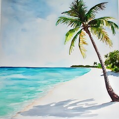Obraz premium Serene Watercolor Painting of a Palm Tree on a Tropical Beach. A picturesque scene perfect for travel, vacation, or relaxation themes.