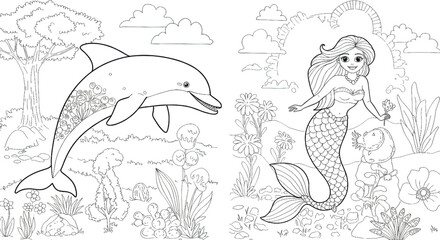 Ocean-Themed Coloring Pages on white background PNG
