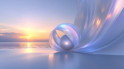 Serene sunset scene with abstract iridescent sculpture.