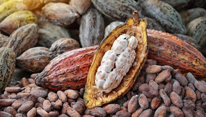 Close-up of raw cocoa pods and dried cocoa beans.