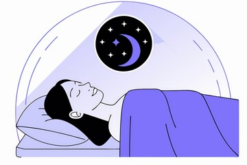A peaceful illustration of a person sleeping under a dome with a moon and stars, conveying tranquility and restfulness.