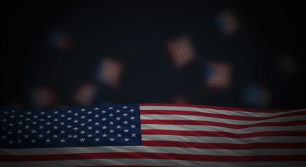 Waving american flag against dark background with blurred flags in motion