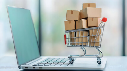 Miniature Shopping Cart Overloaded With Cardboard Boxes Placed On Open Laptop Computer Against Blurry Window Background