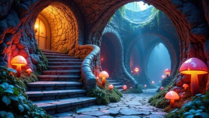 Obraz premium Enchanted Stone Pathway Leading to a Mystical Cave Entrance with Glowing Mushrooms