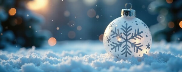 A frosted glass ornament adorned with glittering silver snowflakes, winter, snowflakes