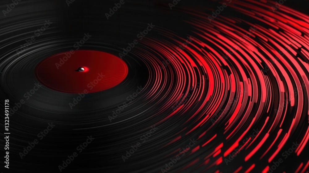 Poster vinyl record texture features rhythmic soundwave ripples in black and red, enhancing retro-modern ae