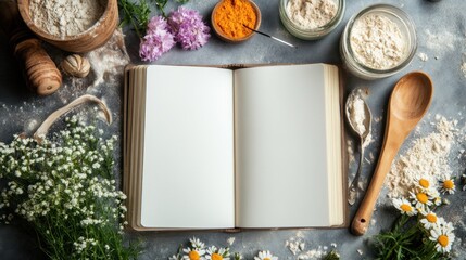 Open blank recipe book on a rustic table with flowers and baking ingredients