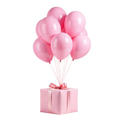 Pastel pink balloons with gift box isolated on transparent background. Balloons hold gift box, creative card for holiday congratulation.
